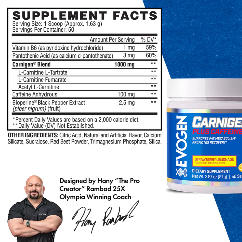 Carnitina plus Cafeina, Evogen, Carnigen Plus Caffeine, 50 Serviri