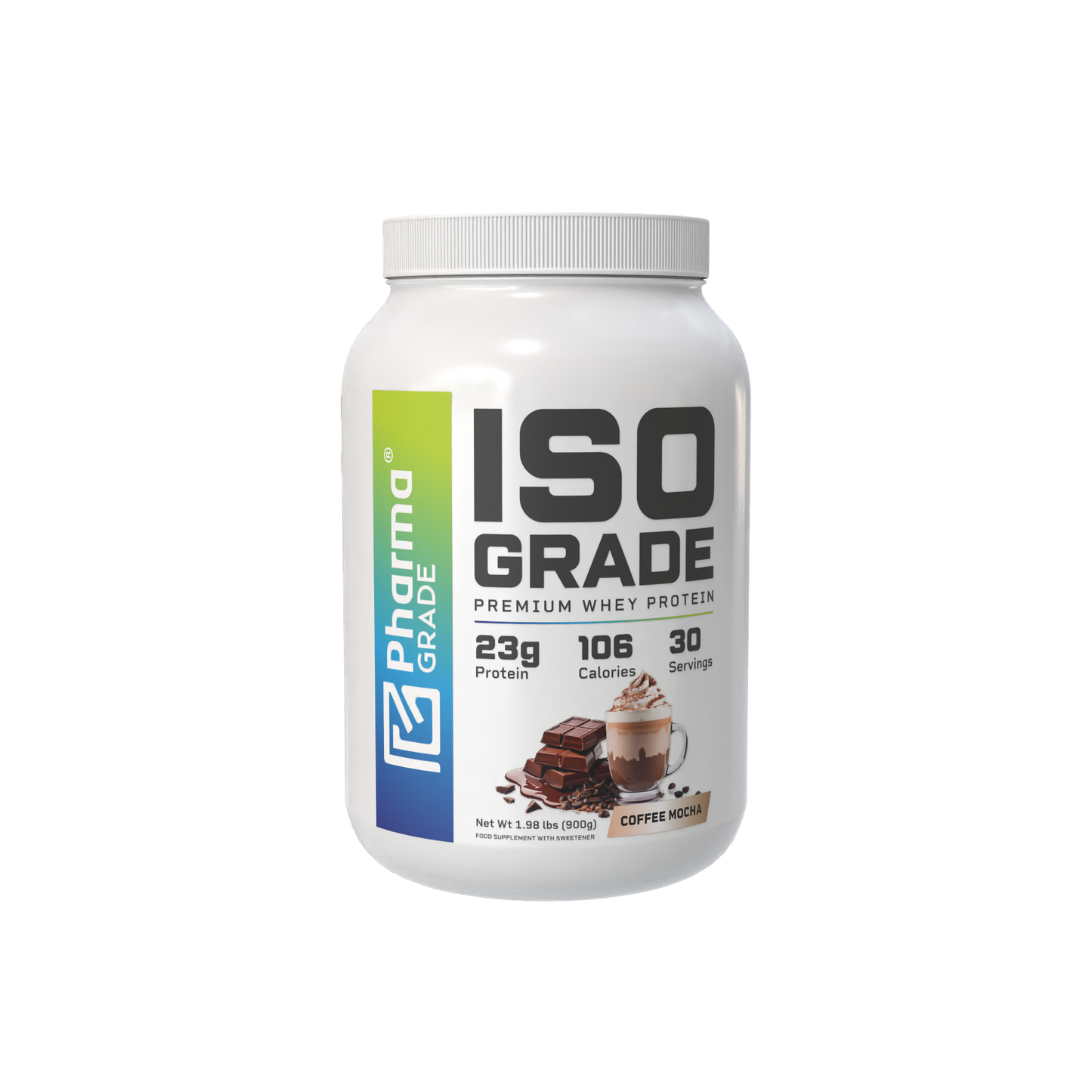 Pharma Grade ISO Grade Whey Protein aroma Coffee Mocha 900g flacon frontal