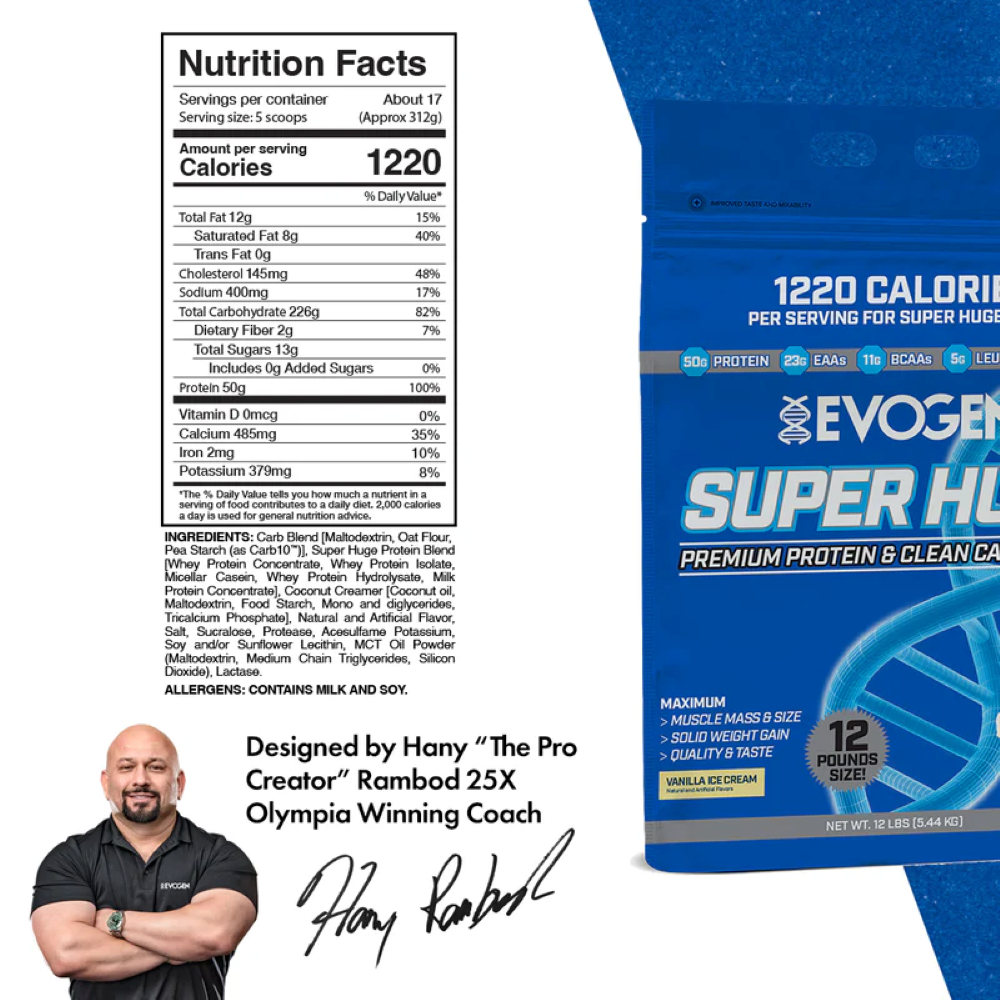 Proteina Masa Musculara, Evogen, Super Huge Premium Protein & Clean Carb Gainer, 5440g