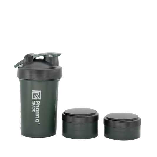 Pharma Grade Triple Pro Shaker 450ml vedere frontala branding discret verde military