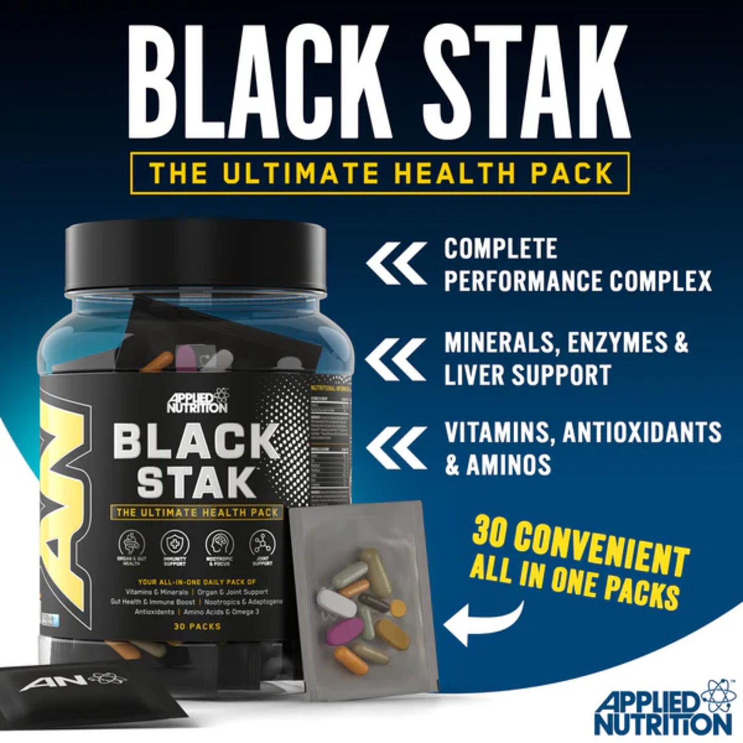 Complex Vitamine si Minerale, Applied Nutrition, Black Stak, The Ultimate Health Pack, 30 Portii